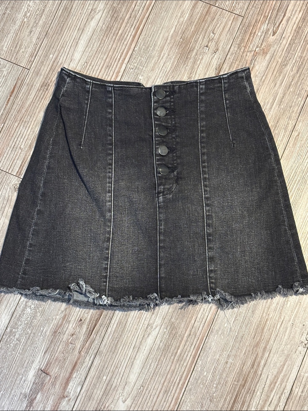 Altar'd State Black Button-Front Distressed Denim Mini Skirt